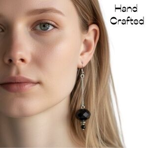 HandCrafted Black Crystal Beaded Long Silver Chain Earrings NWT